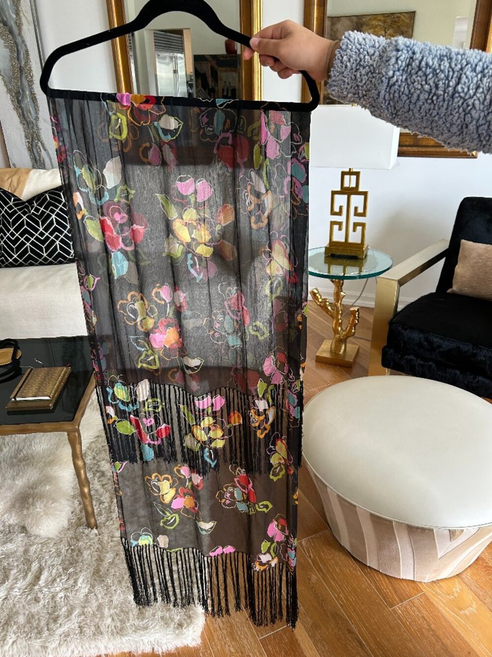 Emporio Armani Floral Black Silk Scarf with Fringe